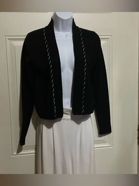 Neiman Marcus Black Cashmere Sweater with Silver Accent piping